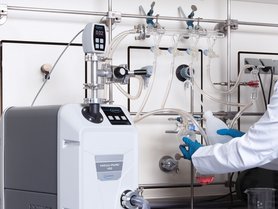 VACUU·PURE 10C chemistry screw vacuum pump used on a Schlenk Link in a laboratory